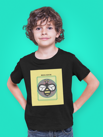 little boy wearing black tshirt with bees rock graphic design